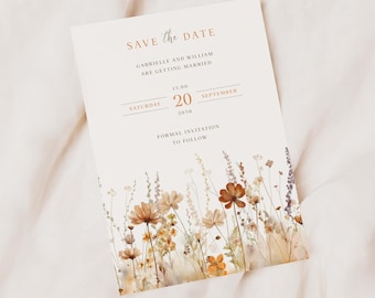 Autumn Wedding Save the Date Card, Personalised Rustic Wildflower Save the Date, Boho Save the Date, Brown Floral Wedding Save the Date Card