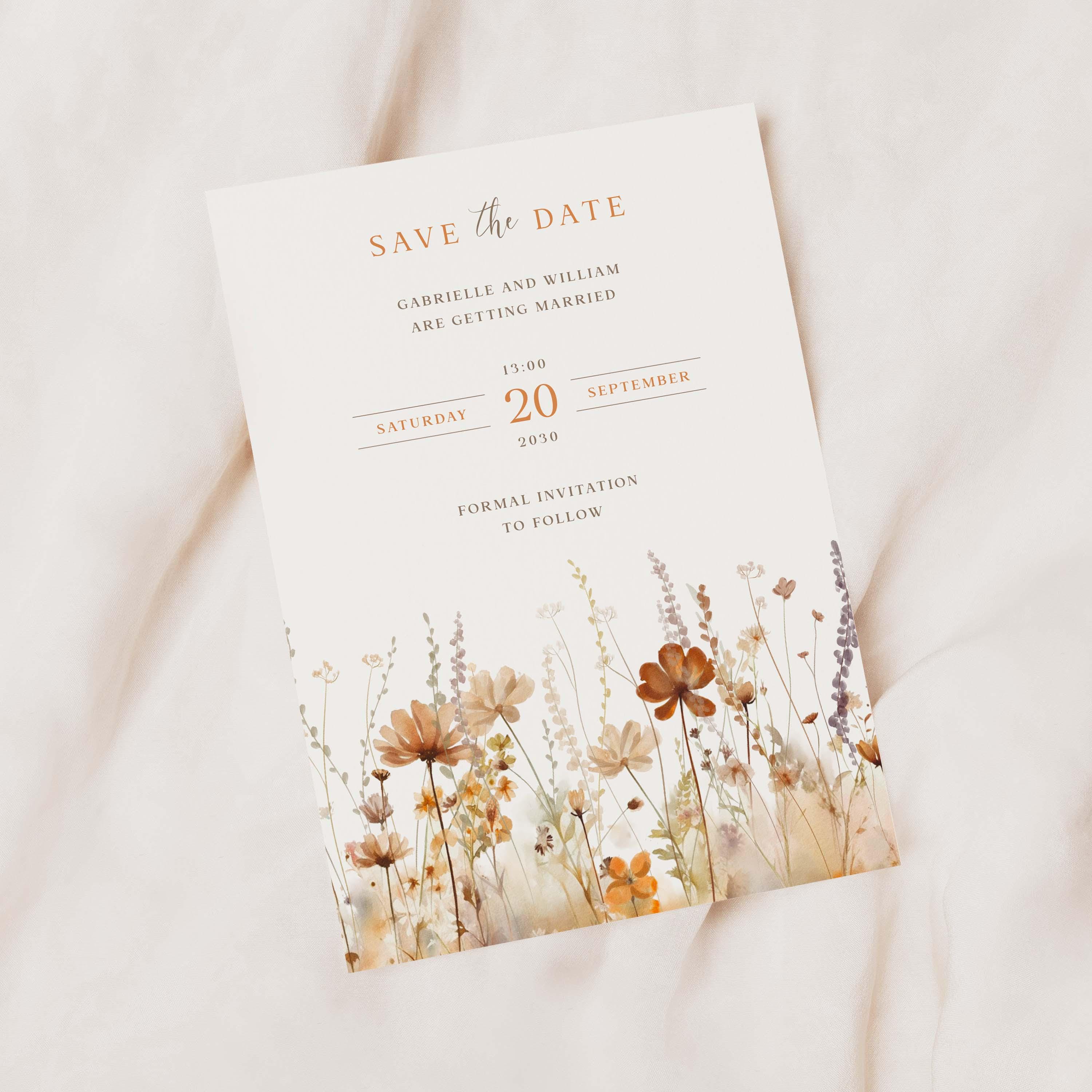Autumn Wedding Save the Date Card, Personalised Rustic Wildflower Save ...
