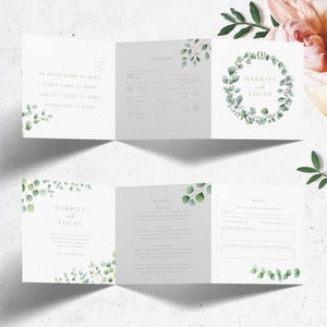 Greenery Trifold Wedding Invitation, Simple Wedding Invitation, Order of the Day Timeline, Concertina Wedding Invitation, Eucalyptus Wedding