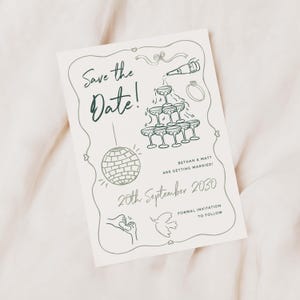 May include: A rectangular Save the Date card with dark green line art on a cream background. It features a champagne tower, a disco ball, a ring, a dove, and hand heart gesture. Text reads: Save the Date!, Bethan & Matt are getting married!, 20th September 2030, and Formal invitation to follow.