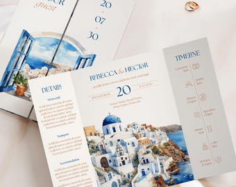 Printed Santorini Wedding Invitation Gatefold – Illustrated Greece Destination Wedding Invite – Blue & White Mediterranean Wedding Suite