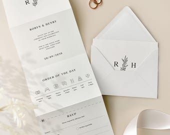 Personalisierte gefaltete Hochzeitseinladungen mit kostenloser Antwortantwort, Zeitleiste, Details, Menüauswahl
