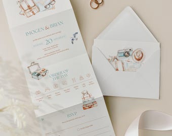 Travel Concertina Wedding Invitation, Destination Explorer Folded Invite with Free RSVP