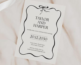 Hand Drawn Wedding Invitation, Black and White Ribbon Bow Design, Modern Whimsical Illustrated Invites