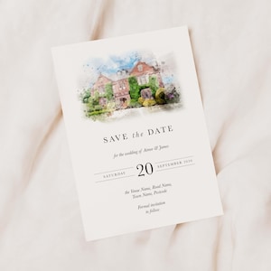 Watercolour Wedding Venue Save the Date, Personalised Wedding Venue Illustration, Custom Wedding Venue Painting, Printed Save the Date Cards