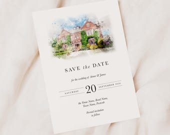 Printed Venue Illustration Save the Date Cards, Personalised Watercolour Venue Save the Date Cards, Custom Wedding Venue Save the Date Cards