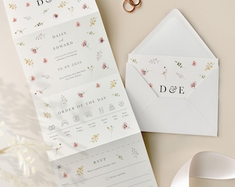 Könnte beinhalten: Eine gefaltete Hochzeitseinladung mit einem Blumenmuster und dem Text "D&E Daisy und Edward 20.09.2030" und "Tagesordnung" mit Symbolen für die Hochzeitszeremonie, Getränke, Fotos, Reden, Abendessen, Kuchen und Partyspiele. Die Einladung enthält auch einen RSVP-Bereich mit einem Kontrollkästchen zum Akzeptieren oder Ablehnen der Einladung.