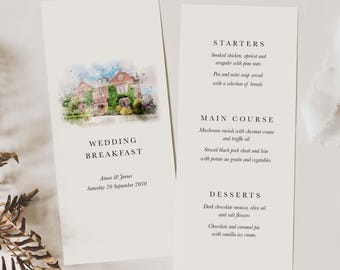 Watercolour Venue Wedding Menu Cards Printed, Personalised Venue Illustration Wedding Menu Cards, Wedding Breakfast Venue Menu Cards