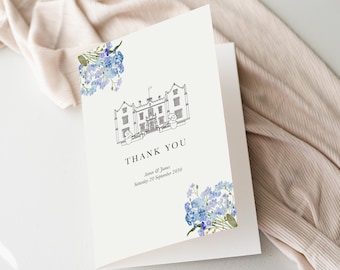 Venue Illustration Hochzeit Dankeskarte, maßgeschneidertes handgezeichnetes Design, personalisierte Blumenhochzeits-Briefpapier