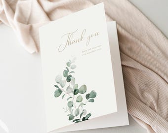 Personalised Emerald Green Eucalyptus Wedding Thank You Card, Printed Botanical Foliage Note Cards, Personalized Dark Green Folded Set, UK