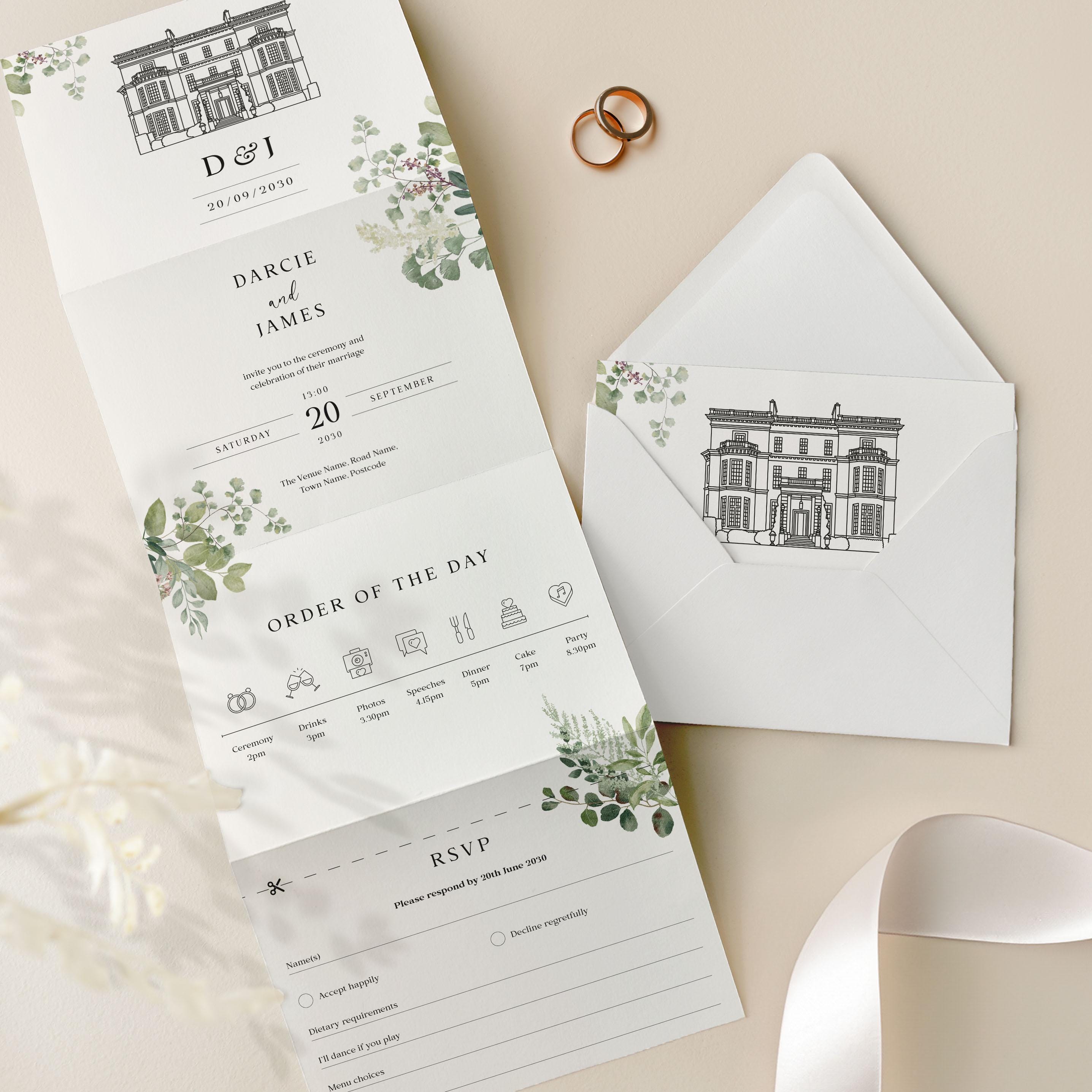 Custom Hand Drawn Venue Illustration Wedding Invitation