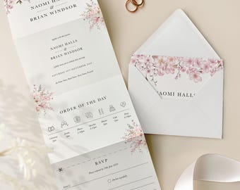Blush rosa Kirschblüten-Hochzeitseinladung, rosa Blumengefaltetes einladen, personalisiertes gedrucktes Concertina-Hochzeits-Briefpapier, inklusive Antwortkarten