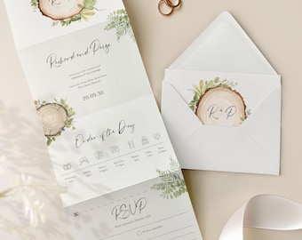 Woodland Wedding Invitations, Rustic Wood Slice Concertina Folded Design with RSVP