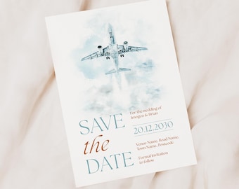 Travel Wedding Save the Date Card, Destination Abroad Theme, Airplane Adventure Design