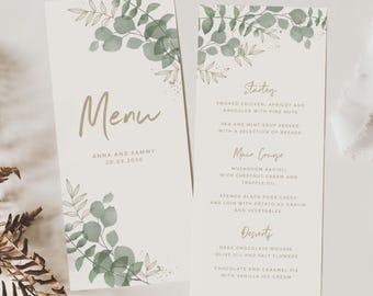 Menù di nozze con eucalipto, menù di nozze personalizzati con foglie verdi, menù per la cena di nozze con elementi vegetali