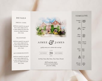 Bespoke Wedding Venue Invitation, Personalised Watercolour Style Gatefold Invite, Custom Illustrated Wedding Design