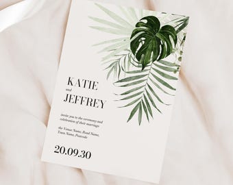 Invito a nozze con foglie di palma tropicali, design botanico verde, set di inviti per nozze "Destination Greenery"