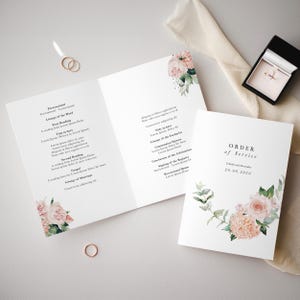 May include: A wedding ceremony order of service booklet with a floral design featuring pink roses and greenery. The text on the cover reads "ORDER of Service" and includes the date "20.09.2030".