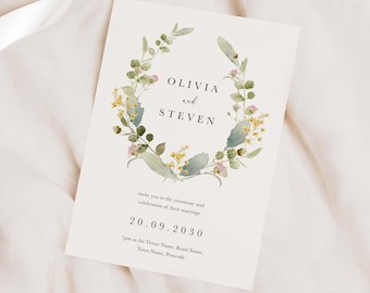 Green Floral Wreath Wedding Invitation, Simple Botanical Design, Rustic Greenery Printed Invite