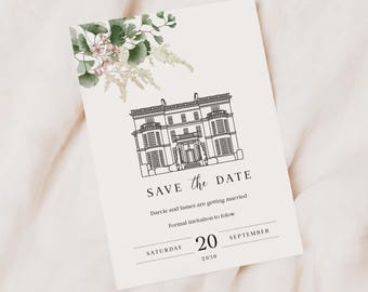 Custom Wedding Venue Save the Date, Personalised Hand-Drawn Sketch, Bespoke Illustrated Wedding Announcement