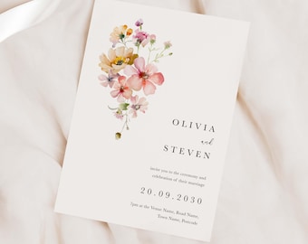 Blush Pink Floral Wedding Invitation, Elegant Wildflower Design, Romantic Botanical Wedding Invite Set