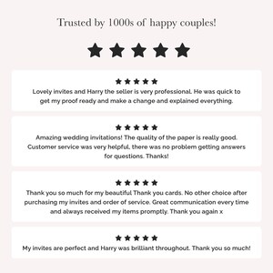 May include: A customer review graphic featuring the text Trusted by 1000s of happy couples! followed by five black stars. Below are four separate five-star reviews with text praising wedding invitations, thank you cards, and customer service.