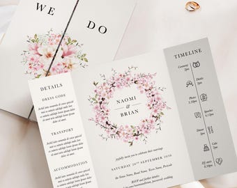 Hochzeitseinladung mit Kirschblüten-Klappdesign, Einladung mit rosafarbenem Kirschblütenkranz, romantische, florale Hochzeitspapeterie, individuell bedruckt