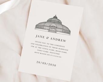 May include: A black and white wedding invitation with a drawing of a glass building. The invitation reads "Jane & Andrew" and includes the date "20/09/2030".