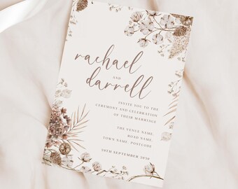 May include: A wedding invitation with a floral design in shades of brown and white. The invitation reads "rachael and darrell" and includes the date "20th September 2030".