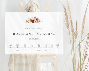 Rustic Autumn Wedding Welcome Sign, Orange Boho Floral Design, Personalised Fall Wedding Board