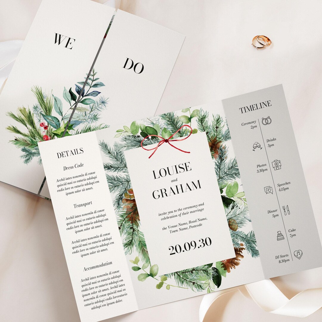 Christmas Gatefold Wedding Invitations, Winter Greenery Wedding Invite ...