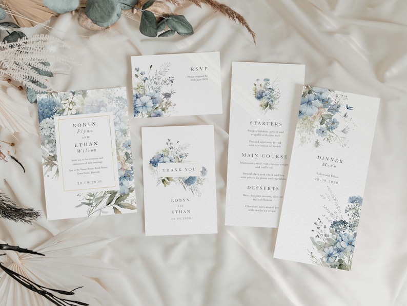 Dusty Blue Floral Gatefold Printed Wedding Invitations