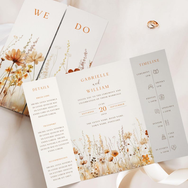 Autumn Gatefold Wedding Invitations, Wildflower Rustic Boho Invite, Brown Floral Fall Wedding Invitations, Personalized Invite Suite zdjęcie 1