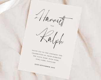 May include: A simple wedding invitation with the names Hanniel and Ralph in elegant script. The invitation includes the date and location of the wedding ceremony.