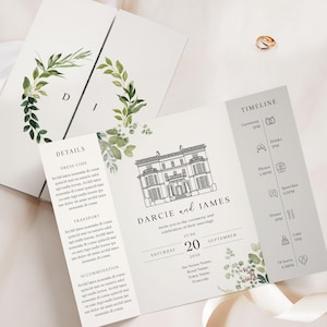 Benutzerdefinierte Skizze Hochzeitseinladungen, Handgezeichnete Veranstaltungsort-Illustration laden ein, Greenery Torfalter-Hochzeits-Einladung, maßgeschneiderte Hochzeitseinladungen