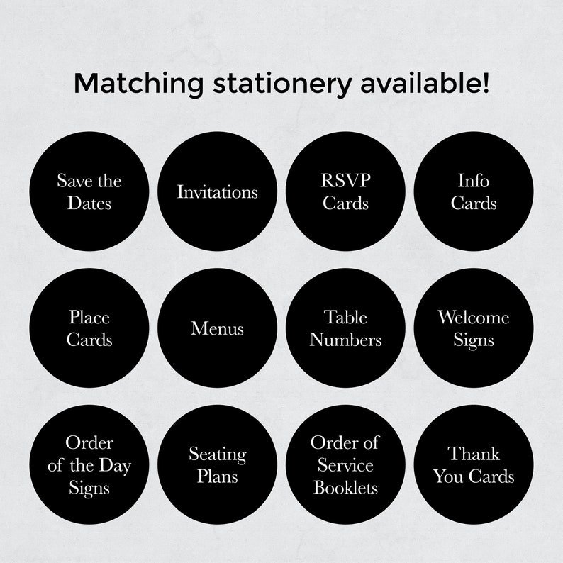 May include: A graphic showing 12 different types of wedding stationery, including save the dates, invitations, RSVP cards, information cards, place cards, menus, table numbers, welcome signs, order of the day signs, seating plans, order of service booklets, and thank you cards.