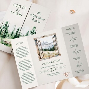 Mountain Forest Gatefold Wedding Invitations, Sage Green Woodland Adventure Wedding Invite, Rustic Nature Mountain Wedding Invitation Suite