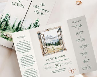 Mountain Forest Gatefold Wedding Invitations, Sage Green Woodland Adventure Wedding Invite, Rustic Nature Mountain Wedding Invitation Suite