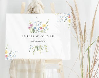 Floral Wildflower Wedding Welcome Sign, Custom Personalised Elegant Board for Spring & Summer Weddings