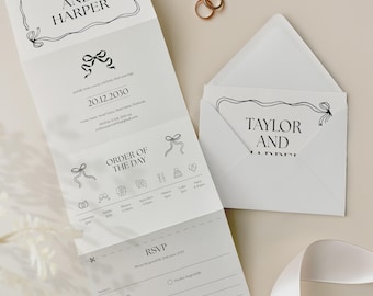 Black and White Bow Folded Wedding Invitation, Scribble Doodle Concertina Invites, Custom Personalised Printed Whimsical Wedding Invite