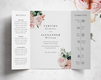 Simple Wedding Invitation, Floral Wedding Invitation, Order of the Day Timeline, Traditional Gatefold Wedding Invites, Pink, Blush invite