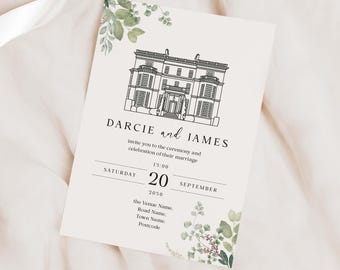 May include: A wedding invitation with a black and white illustration of a house. The invitation is for Darcie and James, and the wedding is on Saturday, September 20, 2030. The invitation includes the venue, road, town, and postcode.