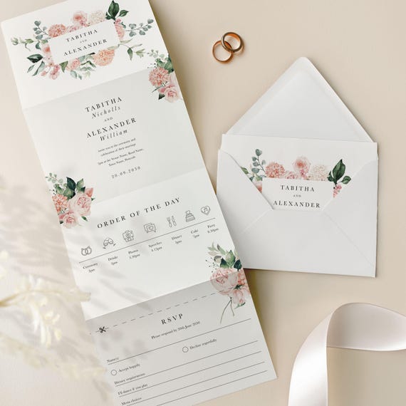 Pink Floral Concertina Wedding Invite, Peony Folded Invite with Free RSVP and Info Panels