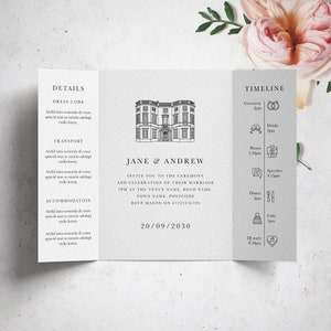 Custom Wedding Venue Gatefold Invitation, Personalised Wedding Invite, Illustrated Wedding Venue Invite, Traditional Wedding Invitation