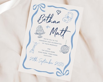 Blue Doodle Wedding Invitation, Fun Whimsical Illustration Design, Modern Hand Drawn Wedding Invite