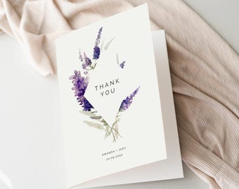 Lavendel bruiloft bedankkaarten, paarse bloemen bedankkaartjes, botanische bruiloft bedankkaarten, paarse bloem bruiloft briefpapier