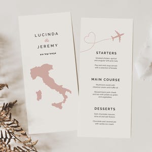 May include: Wedding menu card with a pink heart and airplane graphic. The menu includes starters, main course, and desserts. The text on the card reads "Lucinda & Jeremy 20/09/2030".