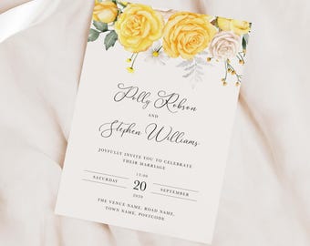 Yellow Roses Wedding Invitation, Summer Floral Design, Classic Romantic Printed Wedding Invite Set