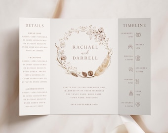 Pampas Gatefold Wedding Invitation, Boho Neutral Design, Rustic Autumn Winter Bohemian Printed Wedding Invite