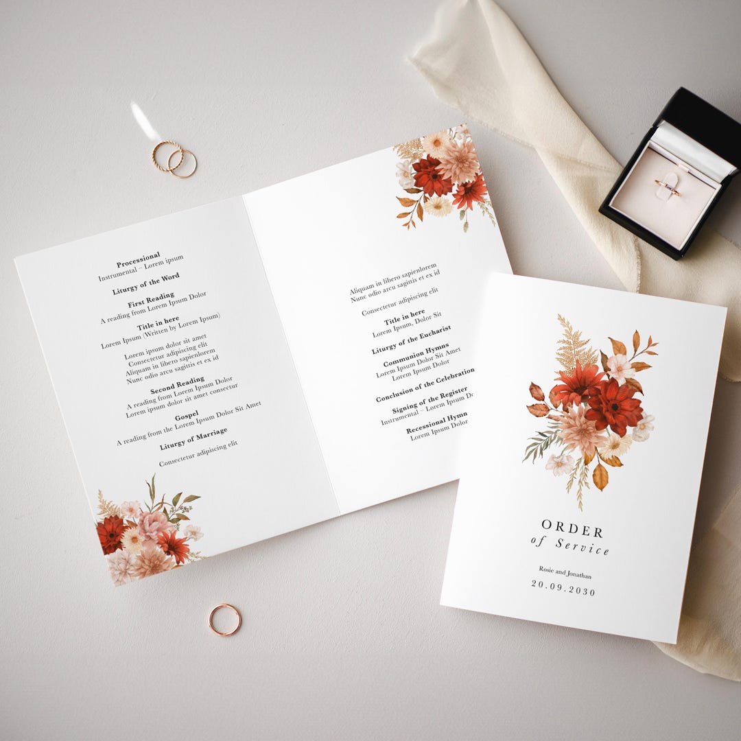 Autumn Wedding Order of Service Booklet, Rustic Fall Leaves Ceremony ...